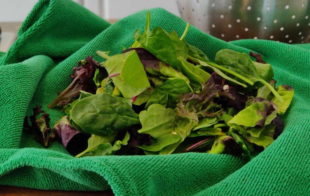 lettuce on salad sling drying towel