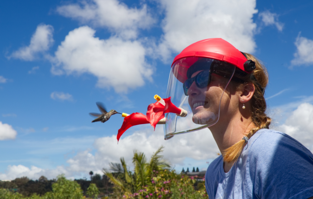 a man using hummviewer hummingbird feeder mask