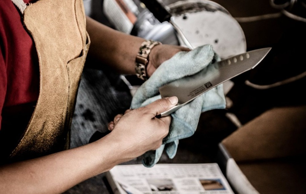 during the knife aid sharpening service