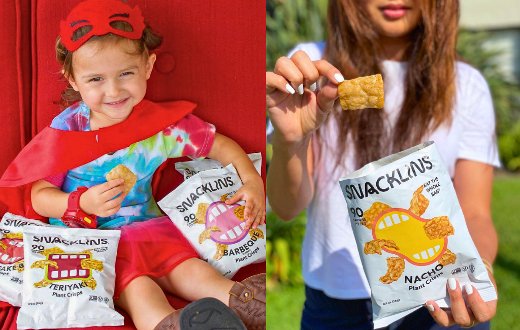 a girl and a woman eating snacklins plant crisps