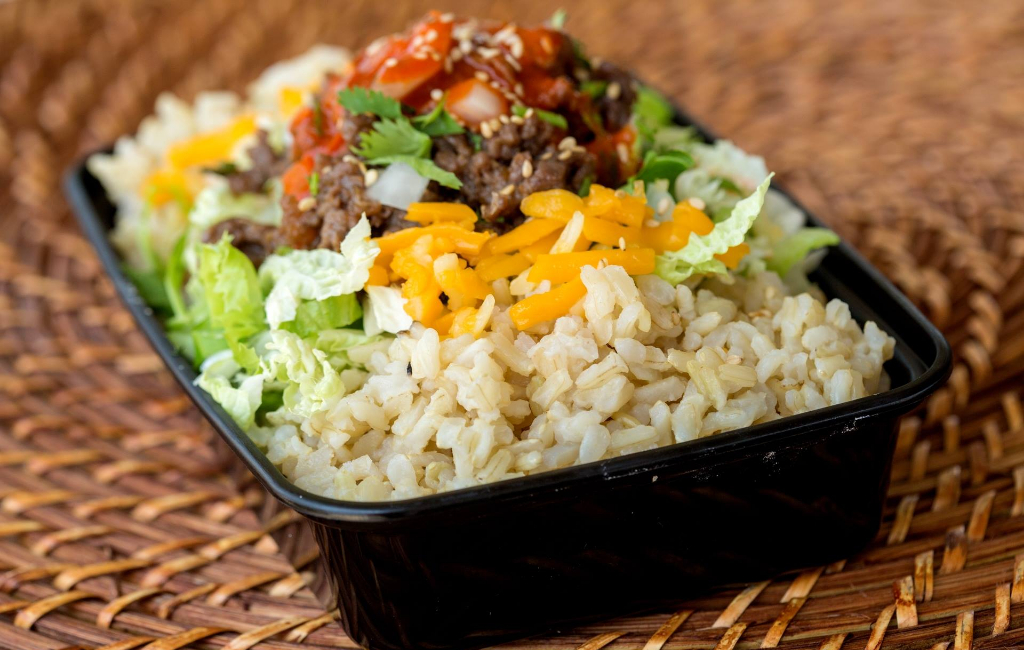 rice, meat, salad